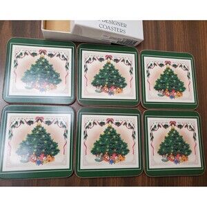 Victorian Christmas Tree Coasters Set of 6 Cork Back 4" sq in Box English Life